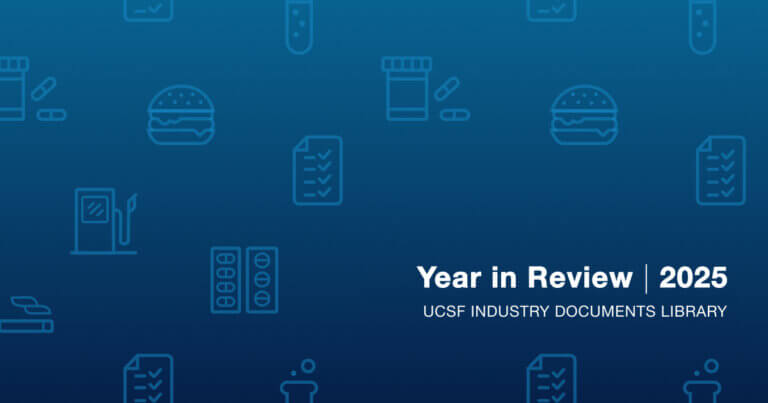 Icons related to the six industry document library industries and text "Year in Review | 2025 UCSF Industry Documents Library"