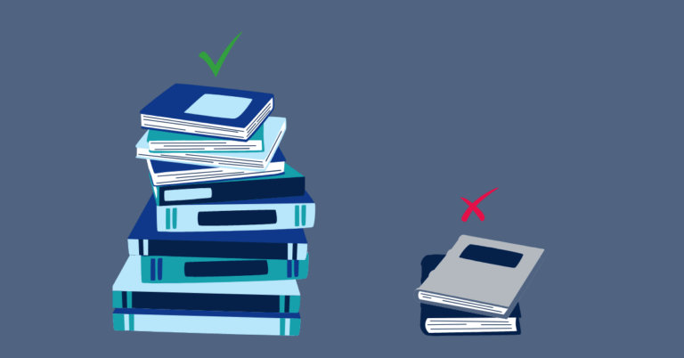 graphic of a stack of books with a green check mark and to the right is two books with a red "x" above.