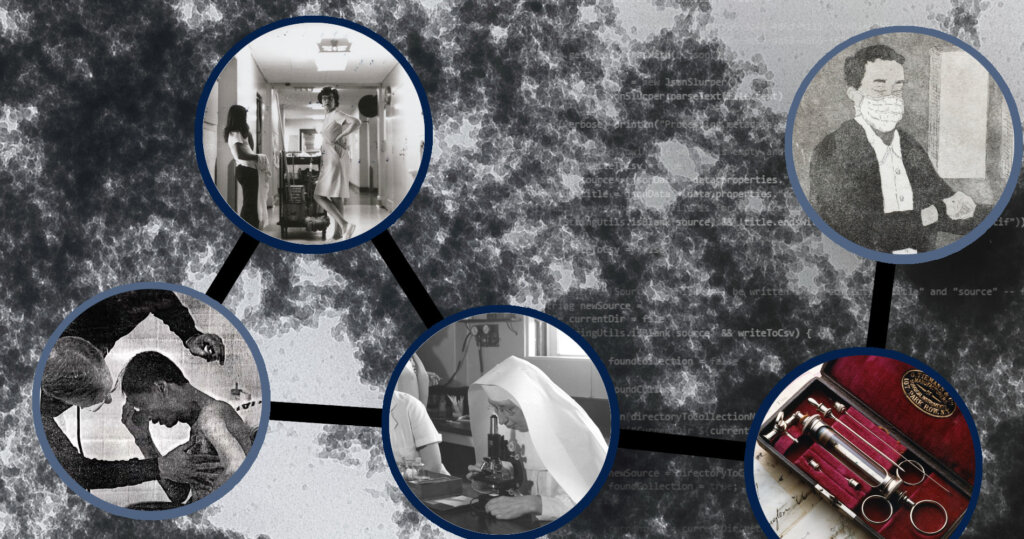 Three black and white images on the right in a triangular formation and circular frames, connected by black lines. To the right is an image of a syringe kit in a circular frame and above that is an illustration of someone wearing a k95 mask.