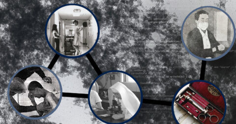 Three black and white images on the right in a triangular formation and circular frames, connected by black lines. To the right is an image of a syringe kit in a circular frame and above that is an illustration of someone wearing a k95 mask.