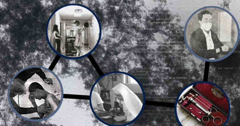 Three black and white images on the right in a triangular formation and circular frames, connected by black lines. To the right is an image of a syringe kit in a circular frame and above that is an illustration of someone wearing a k95 mask.