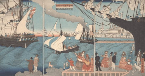 Japanese woodblock print depicting a California port scene with sailing ships and people in period attire observing from the dock.