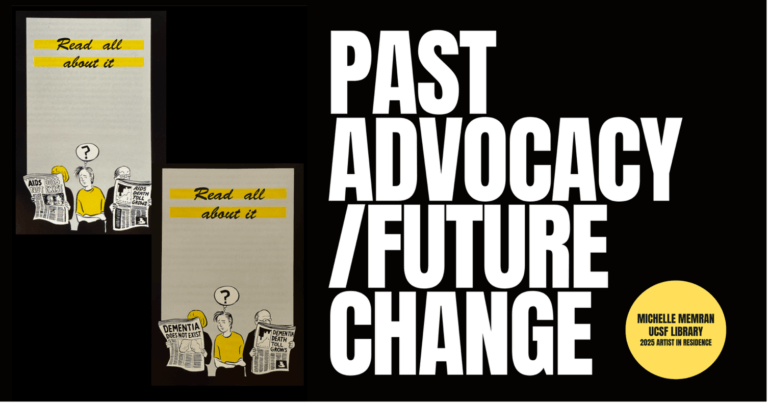 Image with the text "Past advocacy/future change" on black background, and two graphics from the AIDS History Project.