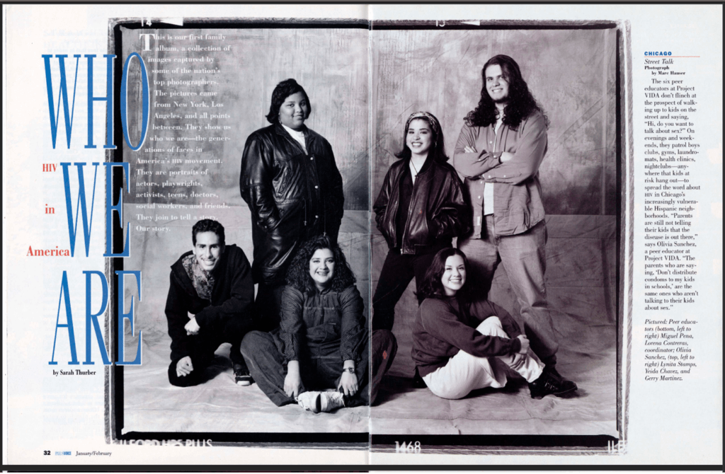 Featured magazine spread from The Magazine About Life and HIV, with people of different genders and nationalities, three people seated or kneeling and three standing in the photo. To the right is the text "WHO WE ARE" and to the left is body text.