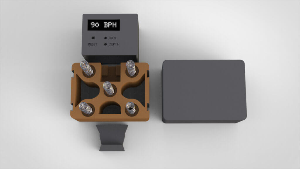 Top-down view, 3D render of original prototype on gray background, with 3D printed components, pressure-calibrated springs, and an electrical housing compartment with LED screen.
