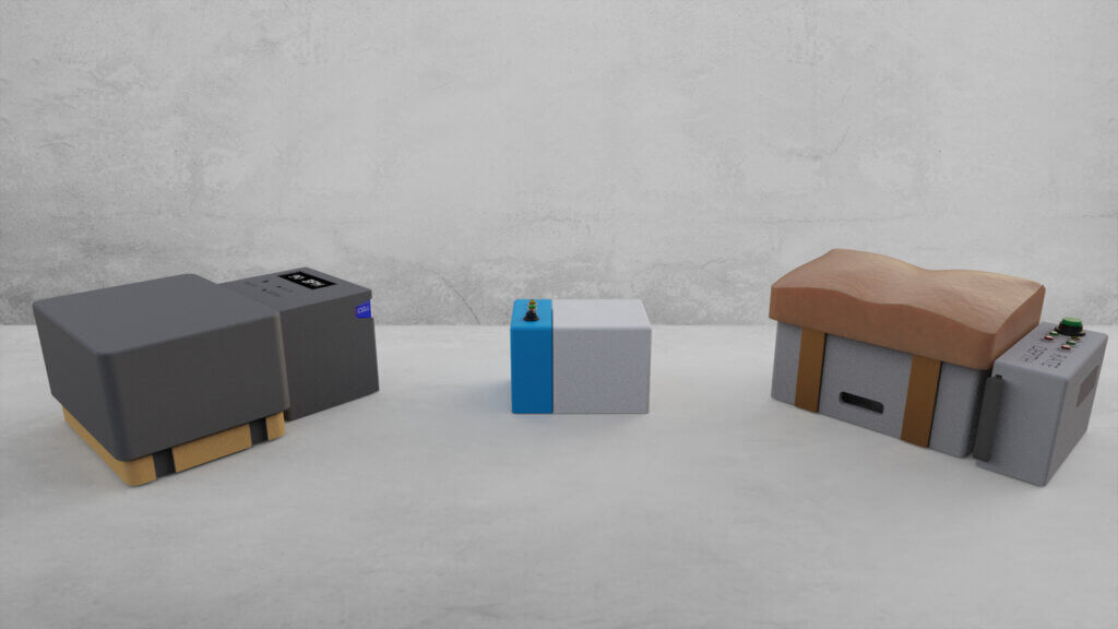 3D render of three CPR models on a grey table and background. Left model is shaped like two grey cubes, middle model is smaller, single cube, and third on right is shaped like two rectangles with control panel and silicone layer on top.