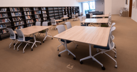 Tables and chairs in the FAMRI Library.