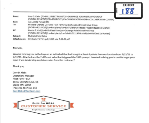 Email from Cory D. Klebs, operations manager at Fleet Farm, to Michelle Granato.