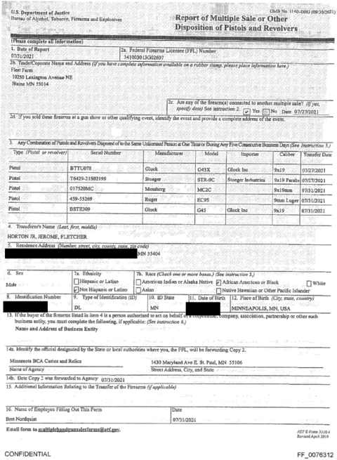 U.S. Department of Justice Bureau of Alcohol, Tobacco, Firearms and Explosives Report of Multiple Sale or Other Disposition of Pistols and Revlovers form filled out and dated July 31, 2021.