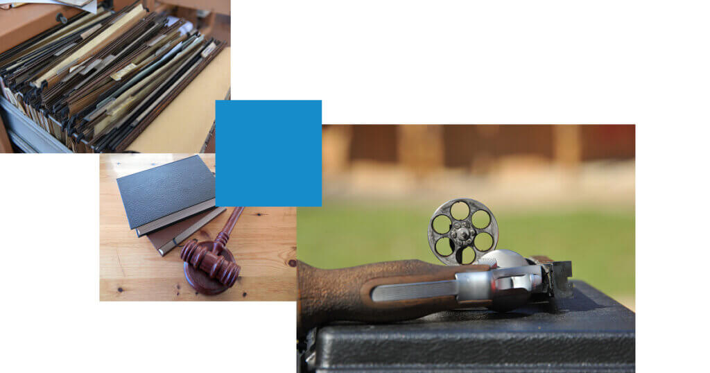 Collage of files, book and gavel, and an empty gun cylinder