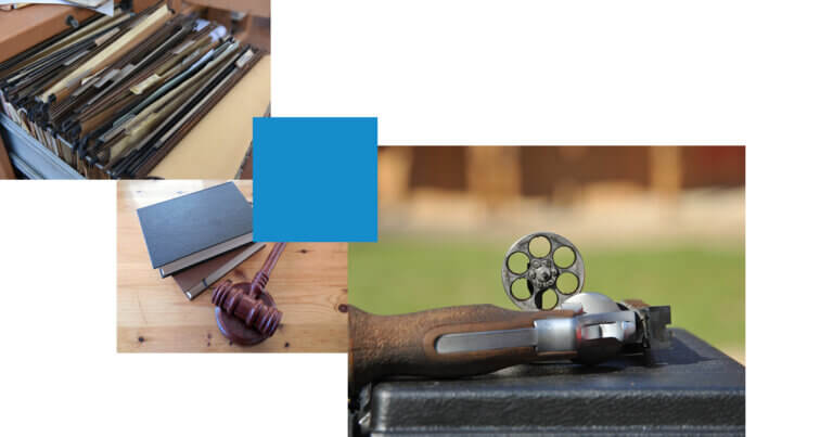 Collage of files, book and gavel, and an empty gun cylinder
