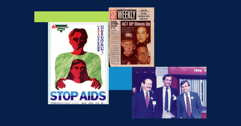 Collection of images from 2026 processed AIDS collections, includes STOP AIDS poster, article from SF Weekly and photograph from the Paul Volberding Papers.
