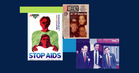 Collection of images from 2026 processed AIDS collections, includes STOP AIDS poster, article from SF Weekly and photograph from the Paul Volberding Papers.