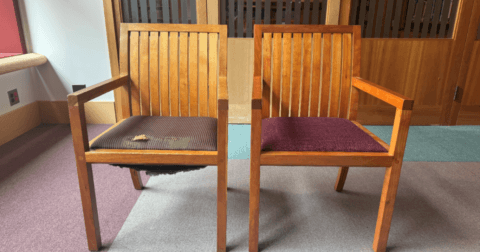 A dilapidated chair (left) next to a reupholstered chair (right).