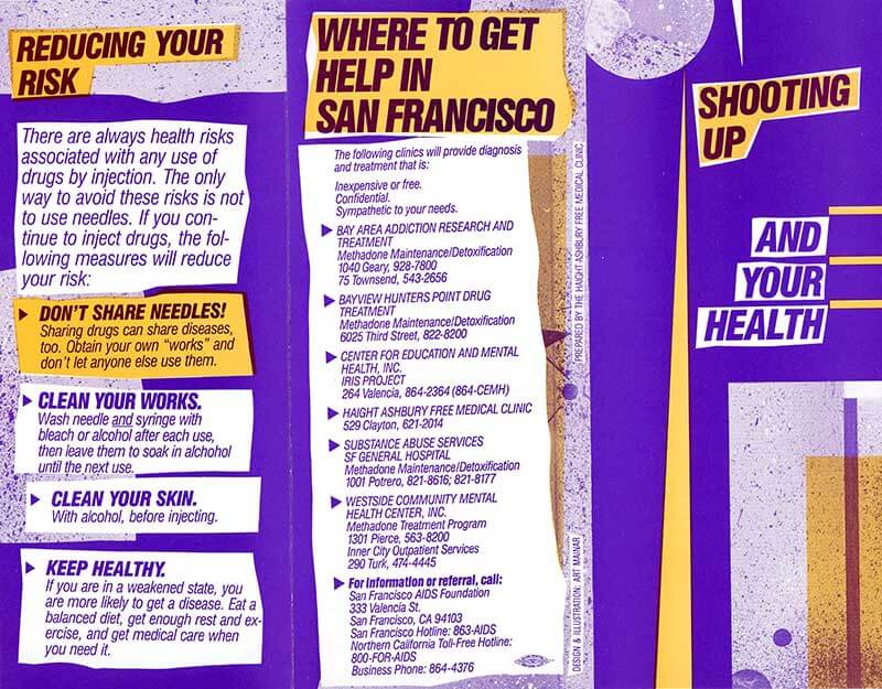 One side of a purple and yellow brochure with information and resources titled "Shooting Up and Your Health".